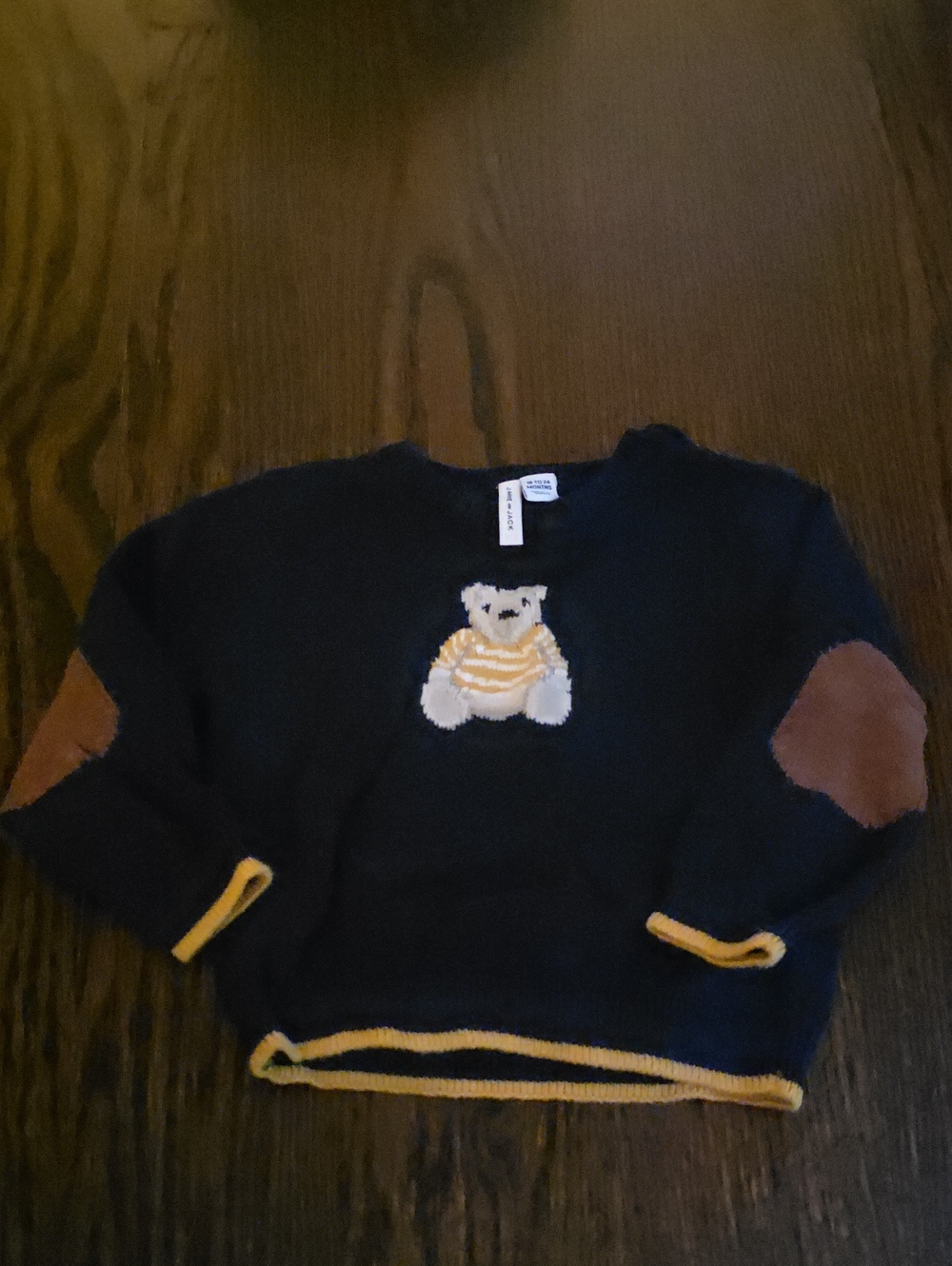 Janie and Jack Navy Sweater with Bear Motif and Tan Elbow Patches